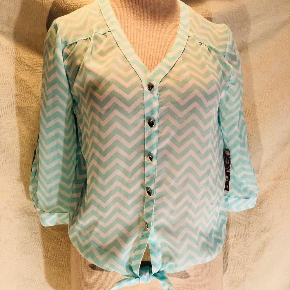 Semi sheer aqua blue and white blouse